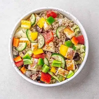 Grilled Halloumi, Sumac Orzo & Trio Pepper Salad with Ruman Dressing